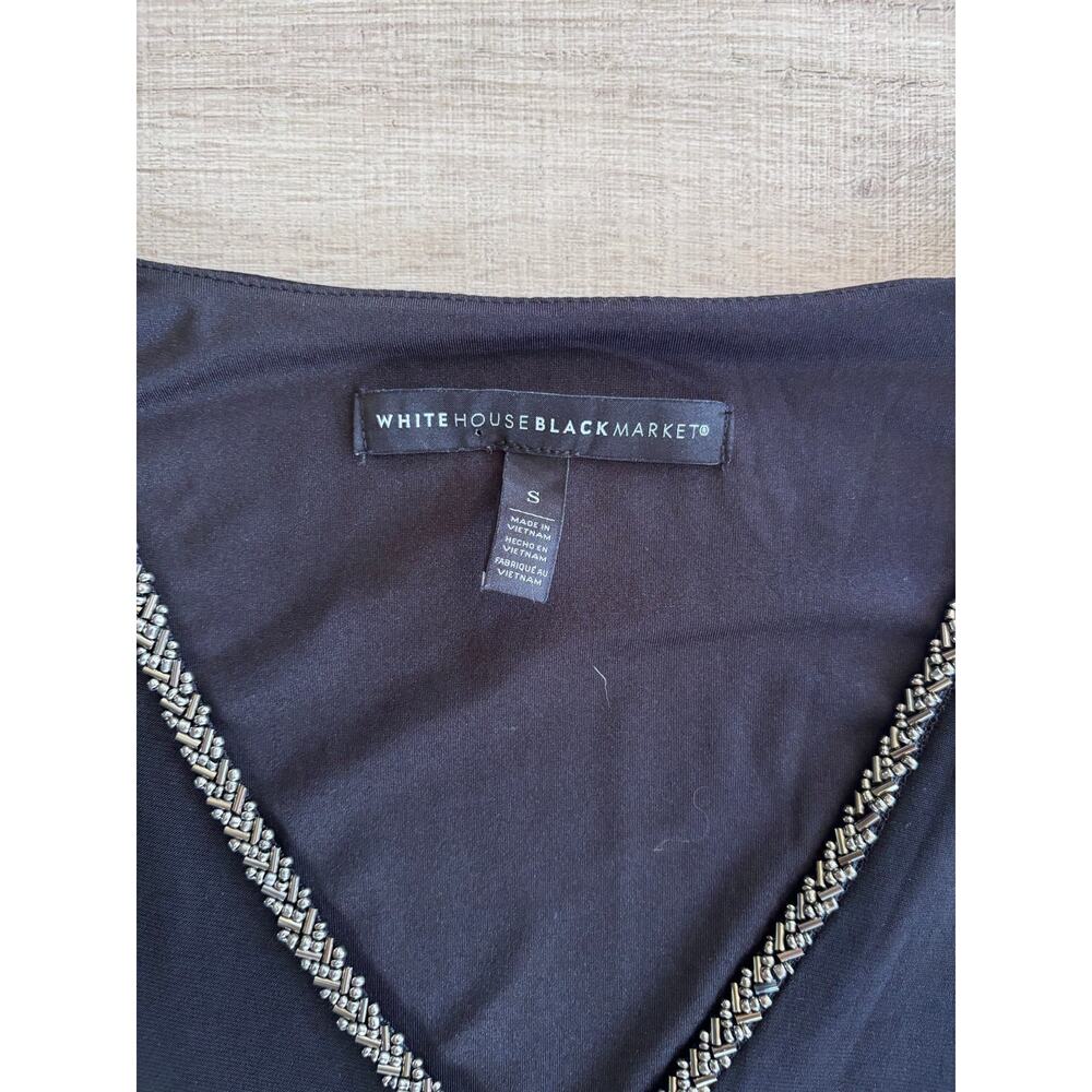 White House Black Market Silver Beaded Trim V Neck Black Top Party Chic Size S - Picture 6 of 6